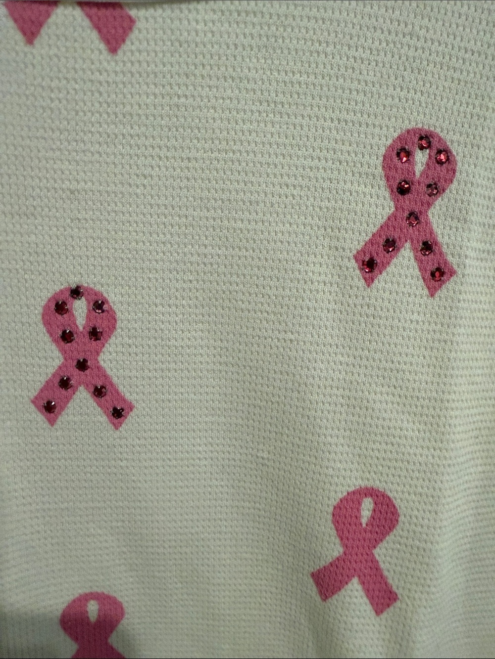Primp Cream Waffle Crewneck with Pink Ribbon Print and rhinestone detail - Picture 3 of 4